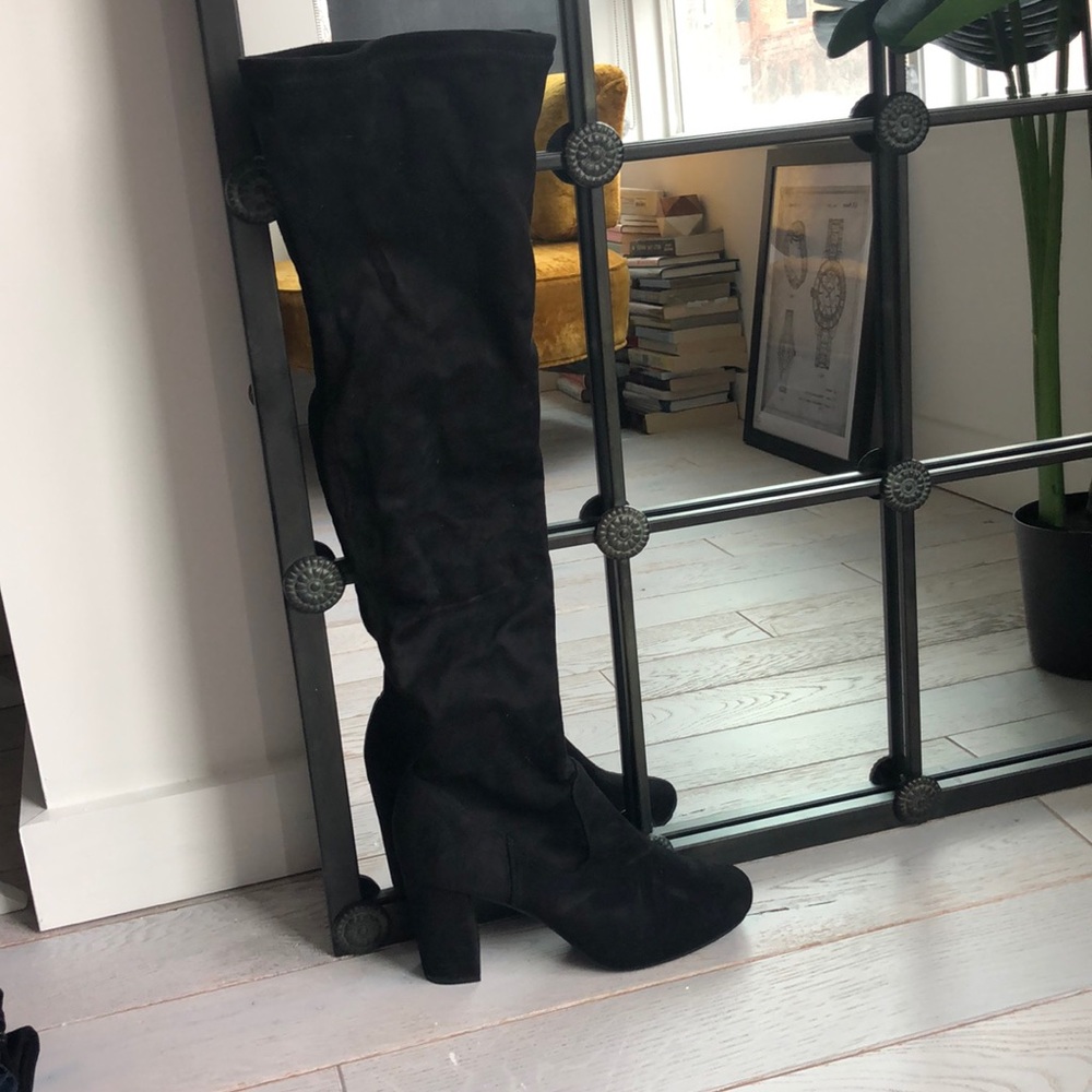 Faux suede other the knee heeled boot